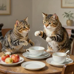 tabby cat having a battle royale with dishes on a tabletop, highly detailed painting, epic painting