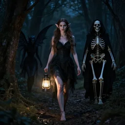 a photo of woman elf walks in night forest holding lantern in hands hunted by dark fairy demon ghost of death, black skeleton in cloak hood, perfect faces