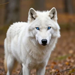 white wolf with blue eyes, in the autumn forest, realistic, 8 к