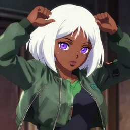 anime poster film still portrait, young black woman, black black black woman, purple colored eyes!!!!, white french bob hairstyle, green colored bomber jacket, detailed facial features, dynamic pose,, rimlight, cel shaded, 4 k