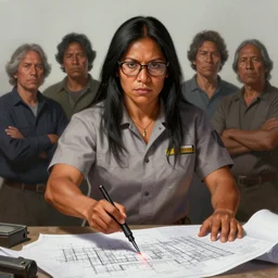 epic portrait of slightly muscular indigenous visionary woman wearing short sleeved instructor uniform using laser pointer on construction plan, precise blueprint, glasses, detailed, digital painting, artstation, concept art, donato giancola, joseph christian leyendecker, wlop, boris vallejo, breathtaking, 8 k resolution, extremely detailed beautiful, establishing shot, artistic hyperrealistic, beautiful face octane render