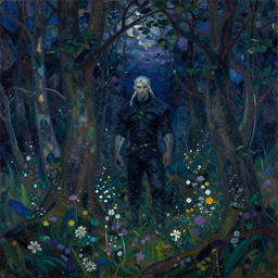 painterly dreamy forest with trees, flowers and midnight sky by Mikhail Vrubel, dark fantasy, witcher, alla prima oil painting, masterpiece