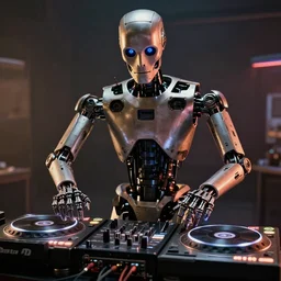 a terminator movie robot wearing DJing with DJ turntables, photoreal