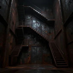 huge, very dark room, with rusty metallic walls, metal door, pitch black, endless staircases everywhere, lots of stairs, digital art, concept art, high detail, eerie, volumetric lighting, style of jordan grimmer