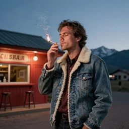 a man in a shearling denim jacket smokes a lit cigarette outside a lonely colorado bar at 1 am, high quality high detail art by angus mcbride & n. c. wyeth, hd, realistic, photorealistic lighting, composition inspired by gregory crewdson.