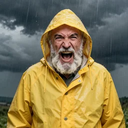 an old man with a beard and a tense and angry facial expression is yelling loud in an old fashioned yellow rain coat and rain hat. a storm is coming in the background, clouds visible. it's already raining. 4 k. portrait. studio lighting. 3 5 mm. nikon.