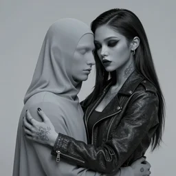 Hot young woman, grey skinned, void and black eyeballs, tattoos, wearing a leather jacket, hugging a shrouded man as they cry on her chest, comforting, touching, wholesome, digital art, concept art, unreal engine 5, watercolour, big sister, little brother,  4k, 8k