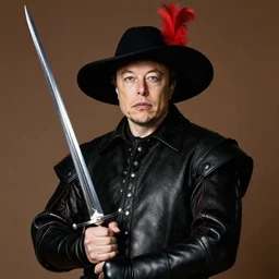 photo of elon musk as a musketeer, he has a big black hat with a red feather, he is holding a shiny rapier sword and he is looking straight to the camera, brown background, studio lighting, 4 k, 8 k