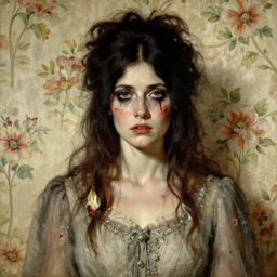 a beautiful and eerie baroque painting of a beautiful but serious woman in layers of fear, with haunted eyes and dark hair piled on her head, 1 9 7 0 s, seventies, floral wallpaper, wilted flowers, a little blood, morning light showing injuries, delicate embellishments, painterly, offset printing technique, by brom, robert henri, walter popp