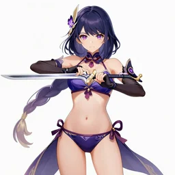 raiden shogun of genshin impact wearing bikini and draw her sword between her chest, high quality official art