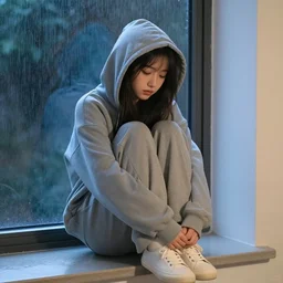 sadie sink in hoodie sits on windowsill, knees tucked in | rain falls at night : b & w storyboard, scifi cyberpunk. by gabriel hardman, joe alves, chris bonura. cinematic atmosphere, detailed and intricate, perfect anatomy