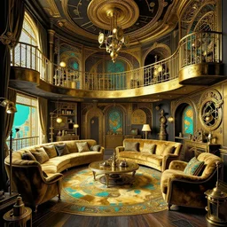 a photo of a concept architecture art house steampunk livingroom, style brutalism, gold and black turquoise ratio, extremely detailed, sharp focus, wide view, smooth, digital illustration, colorfull, by alphonse mucha
