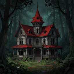 an abandoned spooky 4 story manor with a red roof in the middle of a dark forest, from a fantasy point and click 2 d graphic adventure game, art inspired by thomas kinkade, king's quest, sierra entertainment games, landscape painting