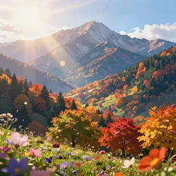 mountain landscape in autumn!!!, flowers, trees, bright landscape, dreamy light, sunny, floating particles, complementary palette, by and jacek yerga and jesse king, pop surrealist, wiccan, unreal engine, bokeh, detailed