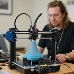 3 d printer and robert plant, focus on 3 d printer, sharp focus,
