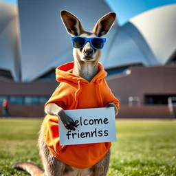 a portrait photo of a kangaroo wearing an orange hoodie and blue sunglasses standing on the grass ( ( ( in front of the sydney opera house ) ) ) holding a sign on the chest that says welcome friends, subject : kangaroo, subject detail : wearing orange hoodie, wearing blue sunglasses, subject location : sydney opera house, subject action : holding sign