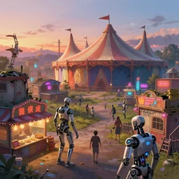 close - up of cyborgs exploring small town amusement park, open landscape, food stalls, cyberpunk nightmare big top circus tent, highly detailed, sunset, damaged buildings, neon lights, digital painting, concept art, matte, art by ruan jia and wlop and greg rutkowski and makoto shinkai, masterpiece