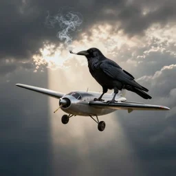 a crow smoking a cigarette while flying a plane