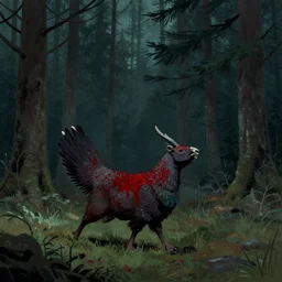 Capercaillie blood mage walking in dark coniferous woods. Digital gouache, webcomic art