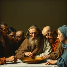 the last supper, fine art, oil paint, muted olive background, highly detailed, close up face, bright, in jan vermeer style