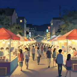 night festival at the market, beautiful matte painting, brian froud, yoshitaka amano, kim keever, victo ngai, james jean. split - complementary color schemes