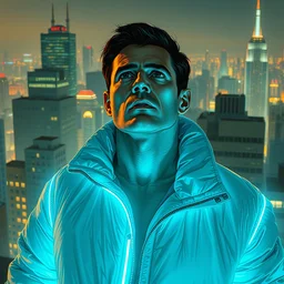 2 0 1 8 blade runner movie still man look at the cityscape from roof perfect face fine realistic face pretty face neon puffy jacket blue futuristic sci - fi elegant by denis villeneuve tom anders zorn hans dragan bibin thoma greg rutkowski ismail inceoglu illustrated sand storm alphonse mucha