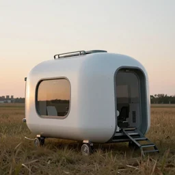 photo of innovative biomechanical survival pods in a field at sunset, generative design structure, black and orange colour palette, geodesic design, photorealistic, golden hour