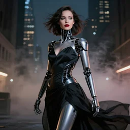 twilight zone woman robot android with lipstick beautiful, dark city inspired, blade runner, flowing dress on an android woman portrait realistic dramatic lighting smoky atmosphere dreamy