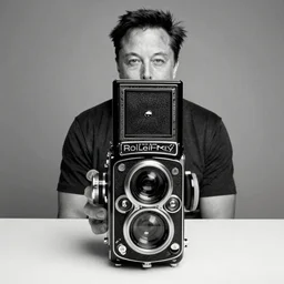 photo of Elon Musk by Diane Arbus, black and white, high contrast, Rolleiflex, 55mm f/4 lens