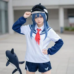a anime girl in a orca school outfit cosplay posing for the camera, blue eyes