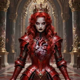 redhead queen knight in red armor, inside grand hall in castle with rococo aesthetic, exposed beating heart in chest, crown, face with scars, dark souls 3, intimidating, ominous, evil, high fantasy, intricate detail, digital painting, artstation, concept art, smooth, sharp focus, illustration, art by yoshitaka amano and monia merlo and giger and wlop