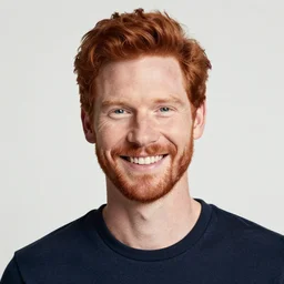 a portrait of a smiling redhead man, by ross tran