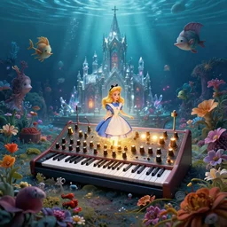 a centered render of intricate modular synthesizer of alice in wonderland, shining its light across a tumultuous sea of flowers, undersea animals and gothic crystal church by dorothea tanning and salvador dali, trending on artstation, cyber punk, soft light color, unreal engine, high detailed, 8 k