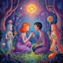 a psychedelic realm hidden away in a pocket of ethereal understanding, astral beings sharing love greg rutkowski wlop lisa frank bob ross, ruan jia