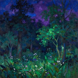 painterly dreamy background with trees, flowers and mihnight sky, deep blue, violet and emerald-green colors by Mikhail Vrubel, dark fantasy, witcher 3
