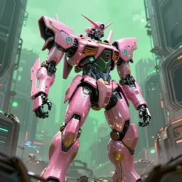 hyperrealistic hyperdetailed mecha iridescent pink dystopian city ruins backrgound concept art santiago caruso de chirico sharp very dramatic green light 8k low angle shallow depth of field