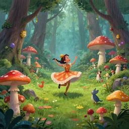 a magical forest of brightly colored mushrooms and forest creatures dancing in the rain, fantasy landscape, 4 k, 3 d