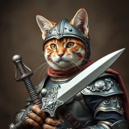 a portrait photograph of a neko catboy in medieval byzantine armor holding an arming sword