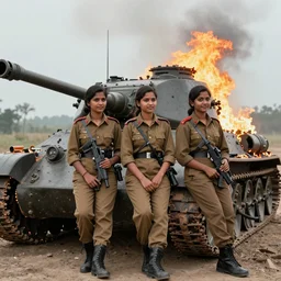 three young indian women soldiers posing with a burning tank, 1 9 4 5