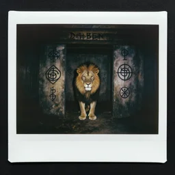 polaroid of creepy basement, a lion lurks in the darkness. goetic sigils on walls. creepy atmosphere, liminal space. databent.