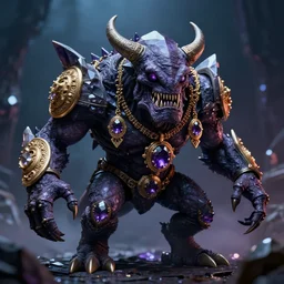 zergling from the dark crystal wearing golden talismans and amethyst crystals. evil cinematic undertones. diffuse volumetric lighting.
