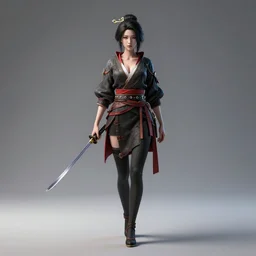 cyberpunk geisha wearing a katana, wide shot, full body, perfect symmetry, hyperdetailed 3 d, hyperrealism, hyperrealistic, cinematic, photorealistic photograph