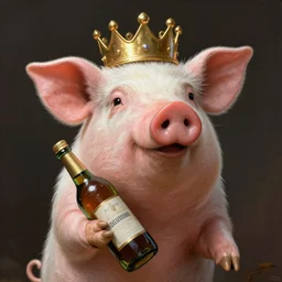 cute pig wearing a crown holding a bottle, hyper realistic, ultra detailed, cinematic, dynamic lighting, photorealistic, refined, intricate, digital art, digital painting, masterpiece, 8k