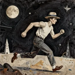 a running man with a hat in a void space, long arm, collage by max ernst, collage, ultra detailed 16k