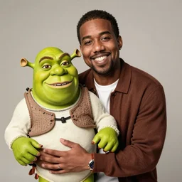 kanye west smiling holding shrek for a 1 9 9 0 s sitcom tv show, studio photograph, portrait c 1 2. 0