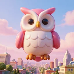 elaborate, giant, massive, detailed, 3 d blowup balloon owl floating in a 3 d painted, pastel sky, cinematic, 3 d designed city, 4 k by'eva cremers'and'lesley barnes'and'jordan coelho'and wes anderson