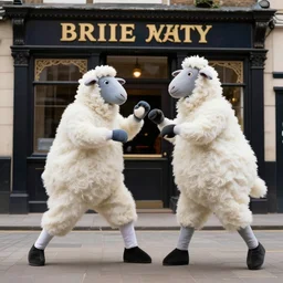 man in sheep costume fighting outside a british pub