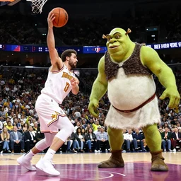 Walter white playing basketball against shrek in a basketball stadium