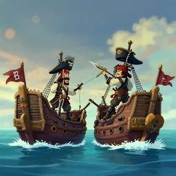 two large pirates ship floating on top of a body of water, fighting each other, pirates flag , cgsociety, fantasy art, 2d game art, concept art ,  ambient occlusion, bokeh, behance hd , concept art by Jesper Ejsing, by RHADS, Makoto Shinkai Cyril Rolando