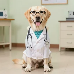 ” a color photo of a labradoodle dressed as a female medical doctor, sigma 5 5 ”